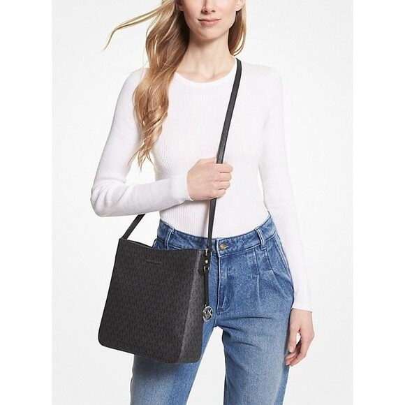 Michael Kors Logo Jet Set Travel Large Black Silver Messenger Bag Crossbody NWT - Picture 10 of 11